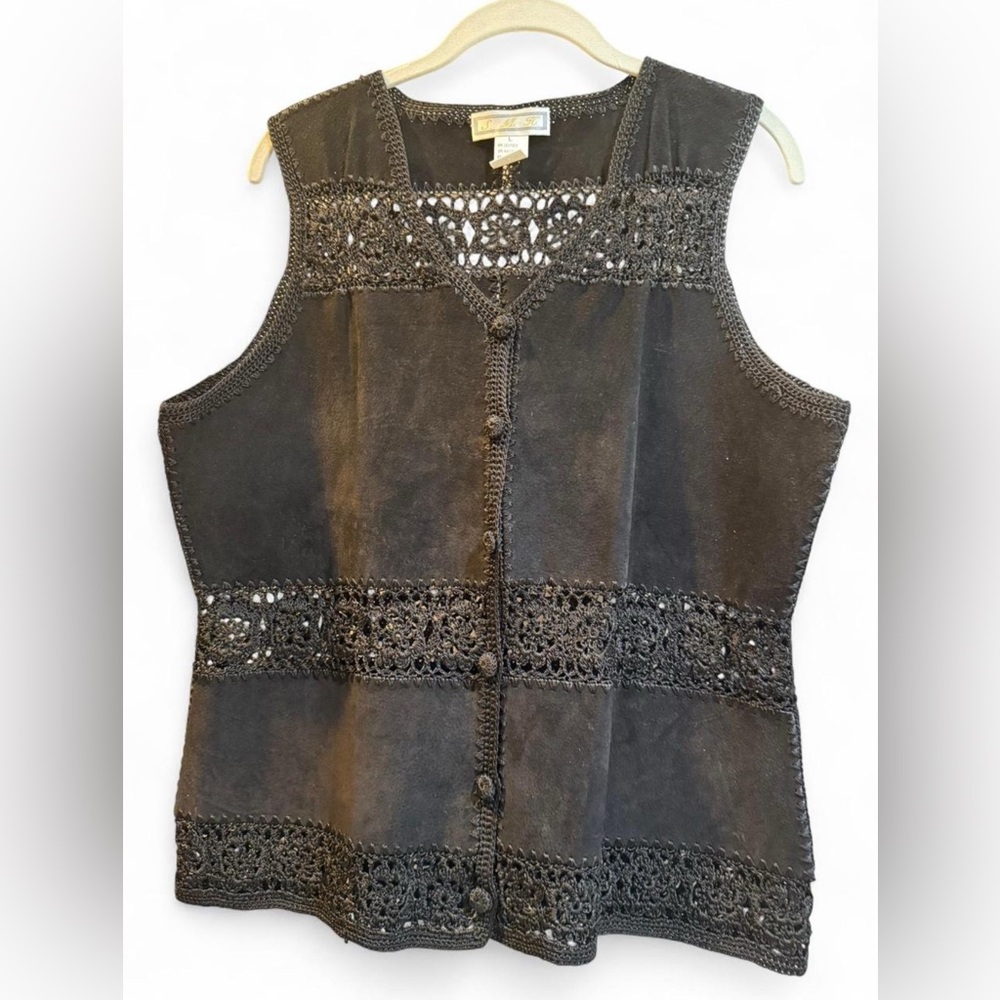 Vintage Black Leather&Crochet Trim Sleeveless Top